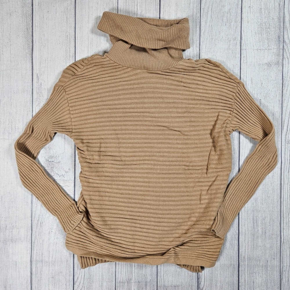 Chico's Zenergy Sweater Womens Small Tan Ribbed Turtleneck Cotton Cashmere Blend
